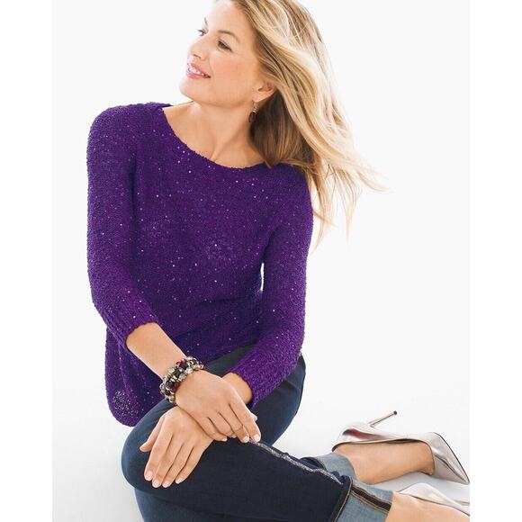 Chico's Women’s Size 0 Small Sequin Sweater Pullover Festive Glam Purple Whimsy - Picture 2 of 11